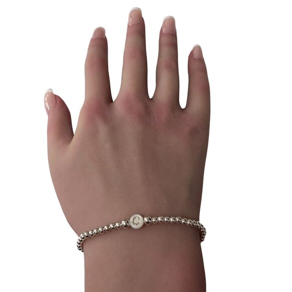 925 Sterling Silver Beaded Stretch Stacking Bracelet MOP Letter Initial C - Picture 3 of 6